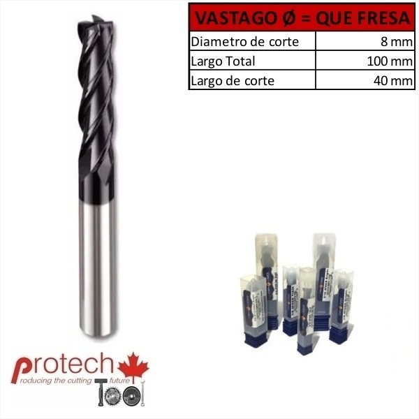 Fresa Revestida De Metal Duro Plana 8mm 4 Cortes Serie Larga - Protech Tool